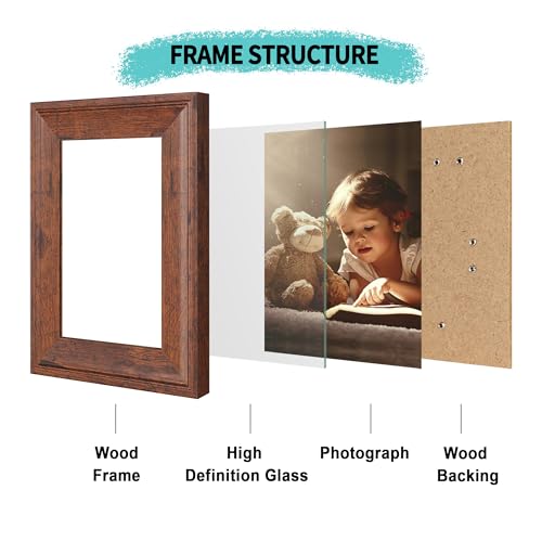 Image of iRahmen 5x7 Picture Frame Set of 4, Brown Rustic Retro Photo Frame with Real Glass, 5 x 7 Frames for Wall Mount and Tabletop Display