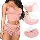 Satohom Damen Sexy Spitzen Pyjama-Set V-Ausschnitt Cami Top Schlafanzug Unterwäsche Trägerloser Sling Tanktop und Shorts, Crop Top und High Waist Stretchhose Babydoll Bodysuit Nachtwäsche für Frauen