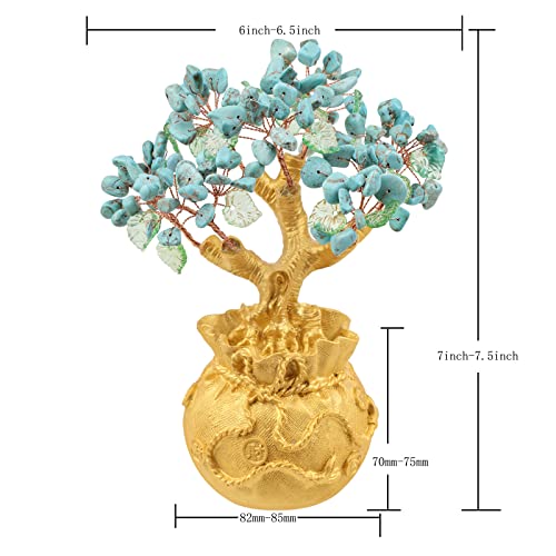 Nupuyai Blue Howlite Turquoise Crystal Money Tree with Golden Money Bag Base for Home Office Decor Wealth and Luck Bonsai Tree Fengshui Ornament with Gift Box - Image 2