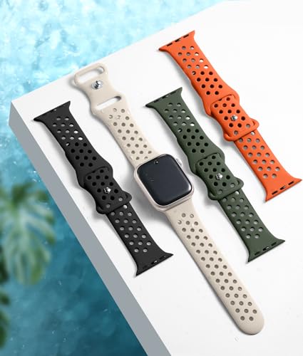 Image of Getino Compatible with Apple Watch Band 40mm 38mm 41mm 44mm 45mm 46mm 49mm 42mm for Women Men iWatch SE Ultra Series 10 9 8 7 6 5 4 3 2 1, Durable Flexible Breathable Soft Silicone Sport Bands, 4 Pack
