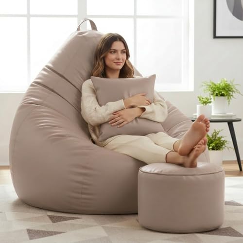 Image of KAM'S LIEU 6XL Jumbo Premium Bean Bag Chair with Footrest & Cushion | Filled with High Density EPS Beans | Comfortable Sofa for Living Room & Bedroom | 6 Months Warranty, Color- (Beige, 6XL, Premium)