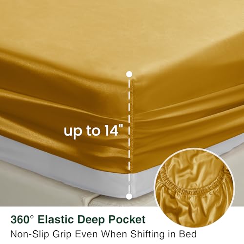 Love's cabin Full Size Satin Sheet Sets - 4 Piece Gold Silky Sheet Set with Deep Pocket, Luxury Silk Feel Satin Sheets Full Bedding Set (1 Flat Sheet,1 Fitted Sheet,2 Pillow Cases)