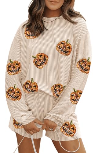 YBHUO Halloween Matching Set Women Ribbed Loungewear Sets 2 Piece Sequin Pumpkin Pjs Long Sleeve Tops and Shorts Lounge Set Outfit