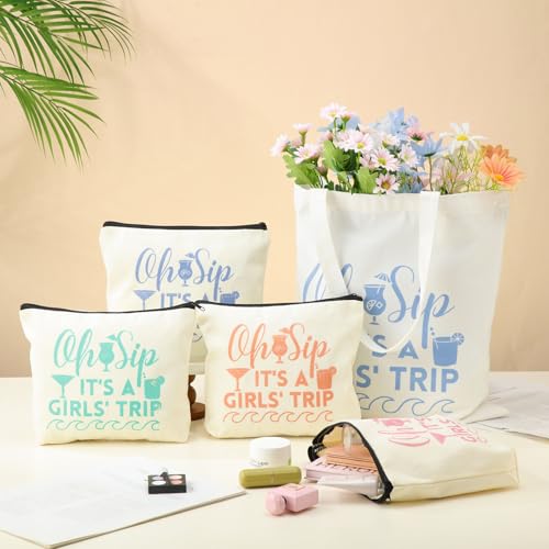 8 Pcs Women's Trip Gifts Favors: 2 Sizes Weekend Tote Bag, Beach Bag, Makeup Bag - Pink, Blue, Green, Orange - Reusable, Water Resistant4