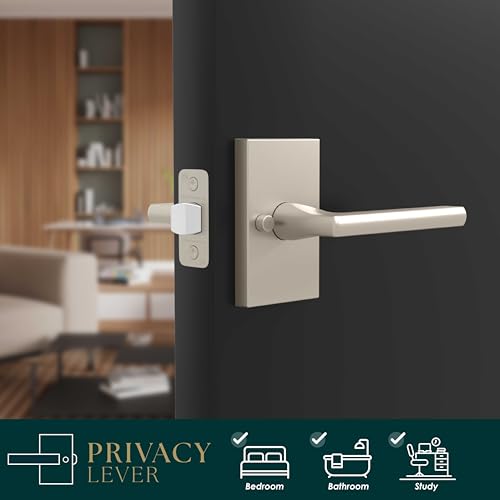 Image of Mega Handles Glamor Privacy, Lever & Lock Door Handle Set for Hallway, Closet and Bathroom, Keyless Lock, Heavy Duty Door Levers, Fits All Standard Door Sizes, Screws Included - Satin Nickel (1 Pack)