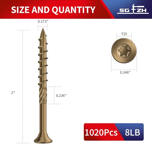 Image of #8 x 2 Inch Deck Screws (1020Pcs) 8lb. Carbon Steel, Yellow, Flat Head, Rust Resistant epoxy Coated, with T25 Star Bit