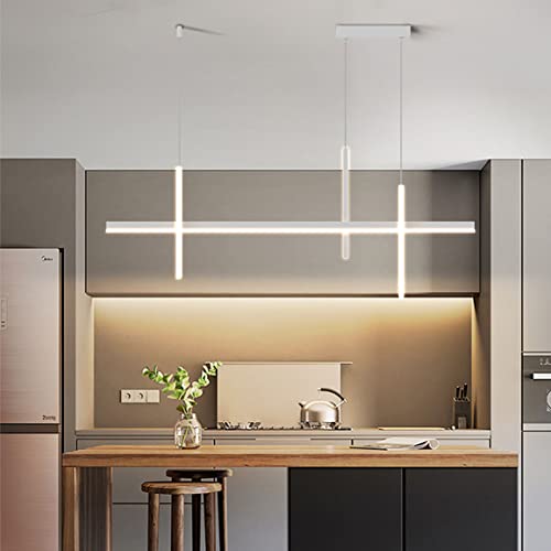 DDYY Dimmable Pendelleuchten Esstisch Moderne Weiss LED Pendellampe mit Fernbedienung 4 Flamme höhenverstellbare Hängeleuchten 26w Linearer Streifen Leuchter für Esszimmer Büro Küche lampe L100cm