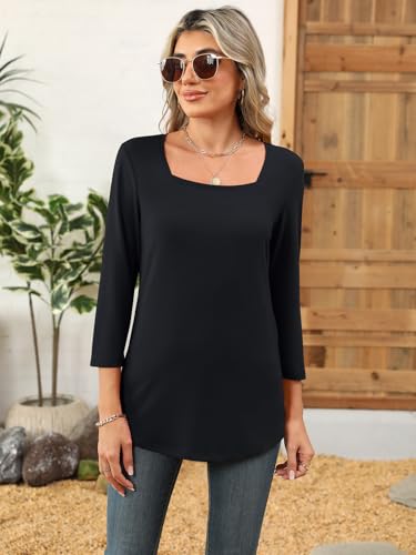 Womens 3/4 Sleeve Square Neck Tops Casual Summer Tops Trendy Womens T Shirts Ladies Tops2