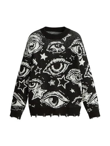 Image of WDIRARA Women's Goth Cartoon Pattern Sweater Knit Pullover Top | Long Sleeve, Crewneck