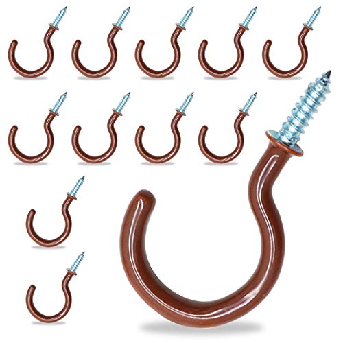 Touhia 50Pcs Ceiling Hooks 1-1/4 Inch Vinyl Coated Screw-In Cup Hooks For Hanging Plants Flower Baskets, Multi-Function Wall Hooks Garage Hooks For Indoor & Outdoor, Brown #TOP4
