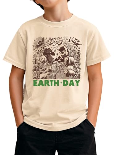 Toddler Kids Little Boys Girls Earth Day Shirt Short Sleeve Wild Animals Protection T-Shirt Top(Beige Wild Animals 1,6-7T)