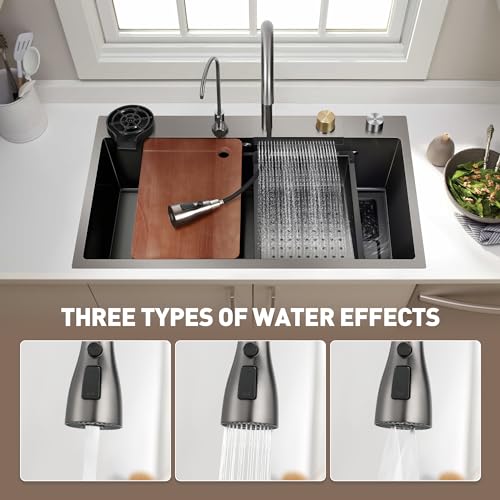 Rengue Waterfall Kitchen Sink, Drop In Single Bowl, Gray 304 Stainless Steel Workstation with Pull-Out Faucet and Multiple Accessories, 31.4917.778.66 Inch, RG-KSK01