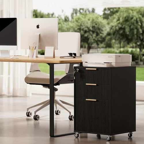 Image of 3 Drawers Fluted Mobile File Cabinet with Lock, Rolling File Cabinet Printer Stand Table, Under Desk Wooden Filing Cabinets for Home Office Essentials Storage Organization Furniture Letters /A4(Black)