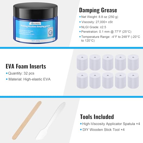 Image of 8.8 oz (250g) Washing Machine Damping Grease with 32 Foam Inserts for Suspension Rods, Vibration & Noise Reduction, Compatible with Most Top-Load Washers, Multi-Purpose Shock Absorption