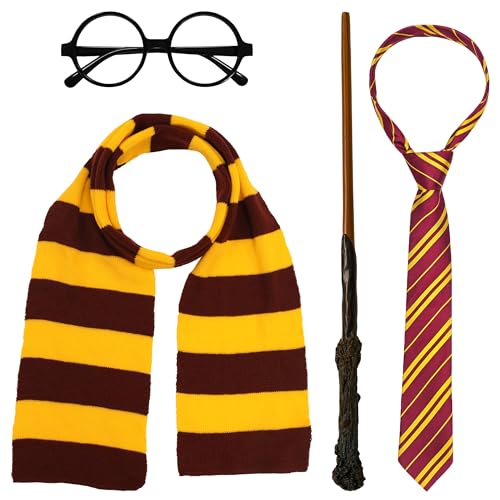 Alaxciax World Book Day Costume Accessories Halloween Cosplay Accessories with Scarf Tie Glasses Wand Cosplay Costume for Women Men for School Event Book Character Dress Up Halloween Yellow