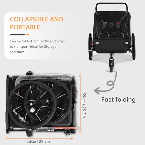 Image of Sepnine 2-in-1 Kids Bike Trailer and Stroller with Suspension - Bike Trailer for 1 to 2 Children, Jogging Function, Foldable, 5-Point Harness, Spacious Storage, with Bug Screen and Weather Shield