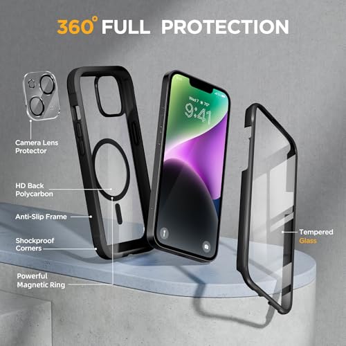 Image of Miracase Magnetic for iPhone 14 Case 6.1 inch,Full-Body Bumper, [Bubble Free] Built-in Tempered Glass Screen Protector+Lens Protector,Compatible with MagSafe,No Gap,Drop Proof Phone Case 14 Cover,Black