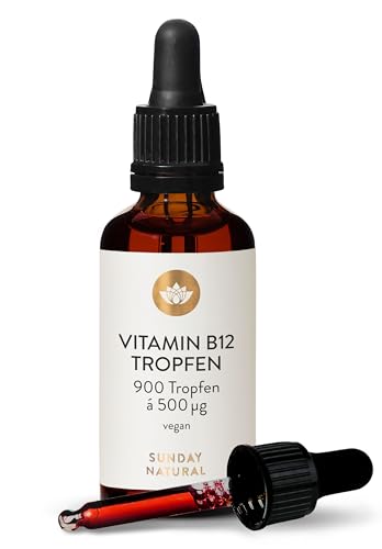 SUNDAY NATURAL® Vitamin B12 hochdosiert - 500 µg pro Vitamin B12 Tropfen – B12-Formen: Methylcobalamin + Adenosylcobalamin – 900 Tropfen – Laborgeprüft, vegan, ohne unnötige Zusätze