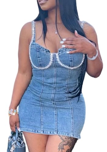 SHINFY Women Rhinestone Denim Dress Sparkly Sexy Bodycon Corset Mini Dress Bustier Sleeveless Jeans Short Dresses Blue
