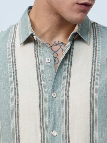 Image of The Souled Store Cotton Linen Stripes: Apricot Men and Boys Long Sleeves Collared Neck Orange Stripes Regular Fit Lightweight Comfortable Summer Cotton Linen Shirts