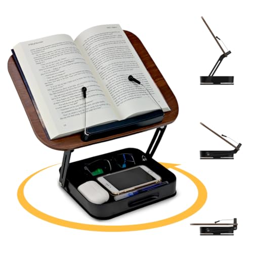 Support de livre pour lecture, support de livre pliable avec base pivotante à 360° et clips de page élastiques, support d'affichage de livre de cuisine en bois pour bureau, cuisine, manuels, recettes