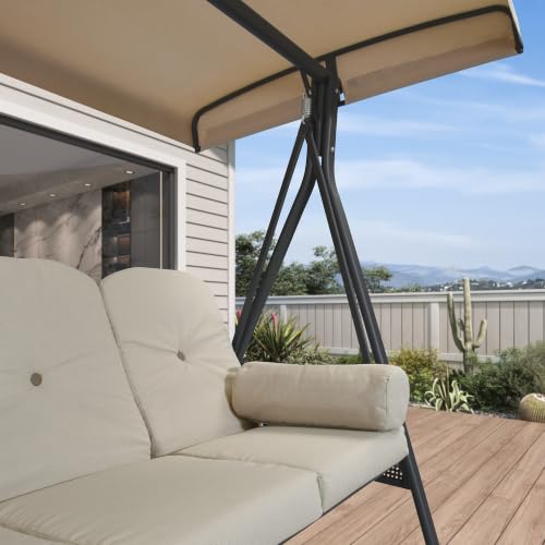 Image of PURPLE LEAF Outdoor Porch Swing 3-Seat with Tilt Canopy for Adults, Beige