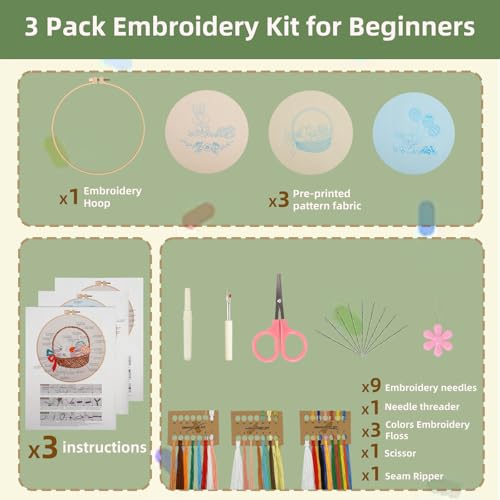 Image of olhuvs 3 Pack Beginner Embroidery, DIY Starter Set with Stamped Flower Designs, Embroidery Hoop, Colorful Threads, Tools, Step by Step Instructions(D)