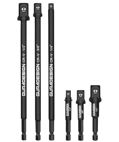 Image of GURADESIGN 6-Piece Impact Grade Power Drill Sockets Adapter Sets, 3-Inch & 10-Inch Power Drill Socket Driver Adaptor, 1 /4 inch, 3 /8 inch, 1 /2 inch Hex Shank Impact Driver Socket Adapter.