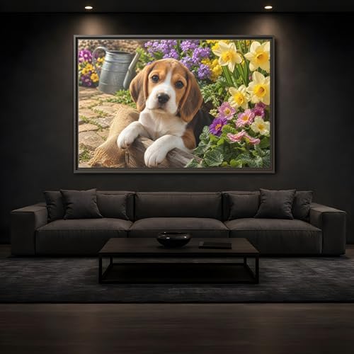 Toile Beagle réaliste pour égayer un mur vide, cadre noir 90x60 cm