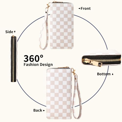 Image of Beige Checkered Wallet for Women, Zip Around Wristlet Wallet