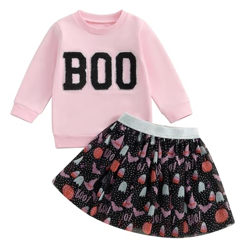 Kayotuas Toddler Baby Girl Halloween Outfit Pumpkin Ghost Sweatshirt Top Tulle Tutu Skirt Set Little Girls Halloween Clothes