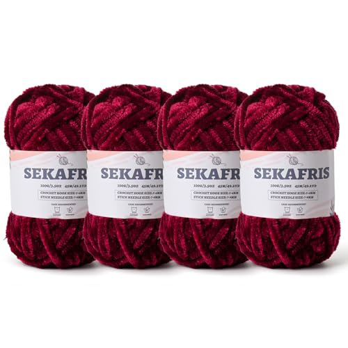 Image of Chenille Velvet Soft Yarn Burgundy 4 Pack | 400g /196.8yds Fuzzy Chunky Chenille Yarn for Crocheting Plush Yarn for Hand Knitting Amigurumi Fluffy Yarn