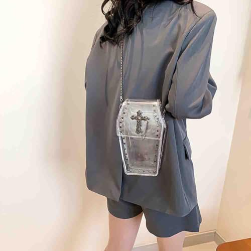 Image of Gothic Rivet Coffin Shape Crossbody Bag, Women's Studded Cross Transparent Shoulder Bag, Novelty Vintage Punk Phone Purse