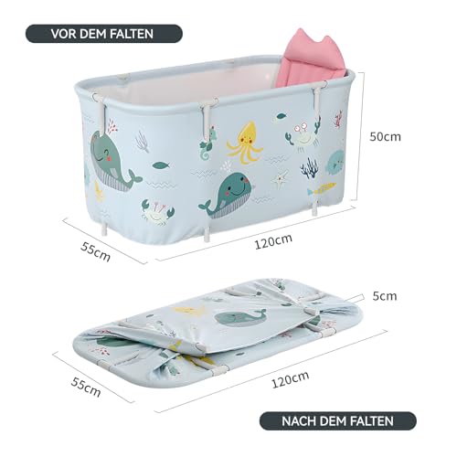 Warmiehomy Faltbare Badewanne, 120X50X55cm Tragbare Klappbadewanne mit Kissen und Rückenlehne, Heißes Bad Eisbad SPA Badewanne für Dusche, Mobile Badewannes für Erwachsene Kinder, Ozean-Stil