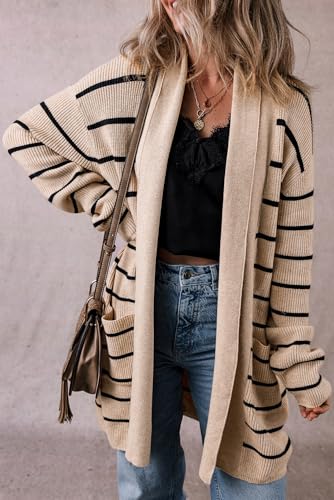 SELINK Women's Casual Stripe Cardigan Sweater Shawl Neckline Open Cardigan with Pockets Long Sleeve Collar Daily Outwear4