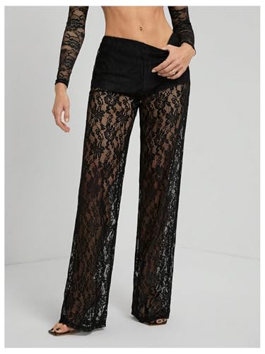 GORGLITTER Women's Lace Pants Sheer Mesh Wide Leg Pants See Through High Waist Going Out Grunge Trousers4