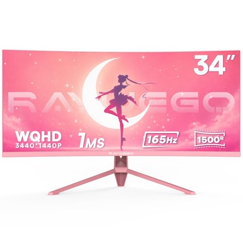 Raywego 34 Inch Pink Curved Gaming Monitor for Desk Setup, UWQHD 3440x1440 Ultrawide Computer Monitor, 165Hz Refresh Rate, 1500R Curved Display, HDR, FreeSync, PIP-PBP, Home Office & Content Creation