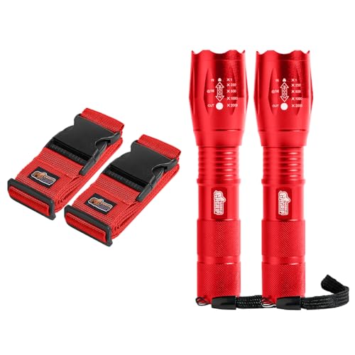 Image of Gorilla Grip Luggage Straps and Tactical Flashlights, Luggage Straps Tightening Belts 2 Pack, Tactical Flashlight Adjustable Mode 2 Pack, Both in Red, 2 Item Bundle
