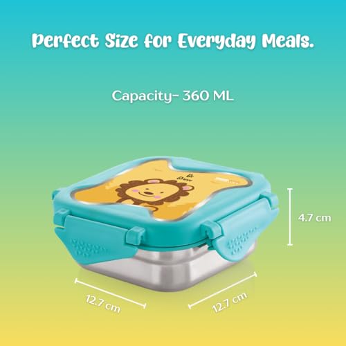 Image of STEELLOCK Smart Kids Stainless Steel Lunch Box, Leakproof & Airtight Tiffin Box for School Boys & Girls, BPA Free Food Grade with 4-Side Clip Lock | 360 ML | Turquoise, 3D /UV Print Lion