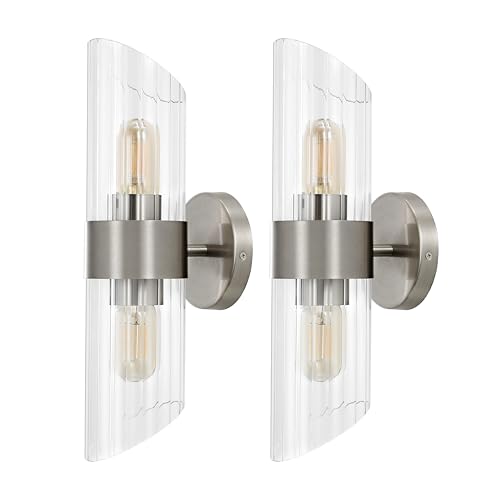 Image of SAFAVIEH Lighting Collection Eytan Clear Glass /Nickle Vertical Wall Sconce Set of 2 Light Fixture, Ideal for Bathroom, Entryway, Vanity, Foyer, Hallway, Living Room (LED Bulbs Included)