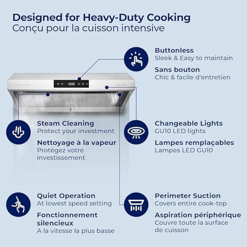 Image of Hauslane Range Hood 30 inch Under Cabinet, 950 CFM Kitchen Range Hood | Steam Auto Clean Vent Hood, 6 Speed Kitchen Hood with Touch Panel | Stainless Steel Range Hoods PS38 Matte White