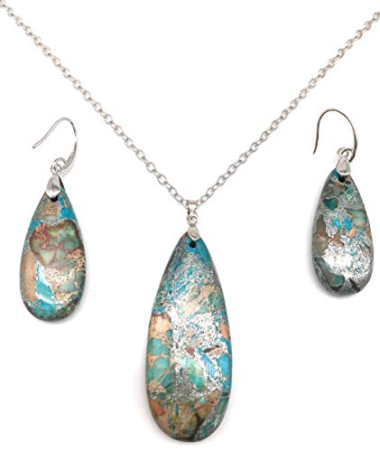 Teardrop Sea Sediment Imperial Jasper Natural Stone Gemstone Necklace Pendant & Drop Dangle Hook Earrings Jewelry Set For Women Girls (Blue Sea Sediment Imperial Jasper)