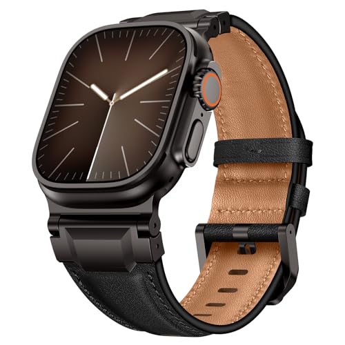 LOIRNBR Leather Bands Compatible with Apple Watch Ultra 3/2/1 Band 49mm 46mm 45mm 44mm 42mm Men Genuine Leather Metal Connector Strap for iWatch Ultra Series 11/10/9/8/7/SE/6/5/4/3/2/1 Black/Black