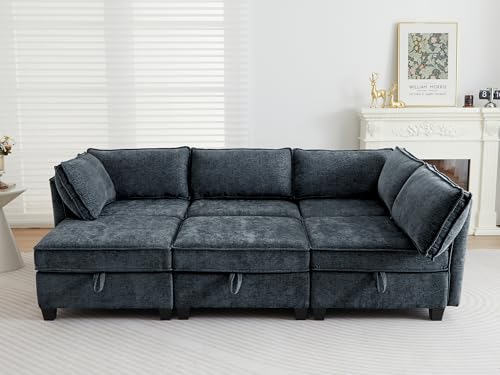 Image of ORRD Sleeper Modular Sectional Sofa Set, Convertible Couch Bed with Storage, 6 Seater and 3 Armrestes Sofa Modular for Living Room, Office (Blue Grey)