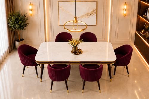 Image of WOODEN SPACE 6-Seater Wooden Dining Table Set | Nano Composite Marble Top | Solid Wood Base | Modern Dining Room Furniture with 6 Chairs (Maroon)