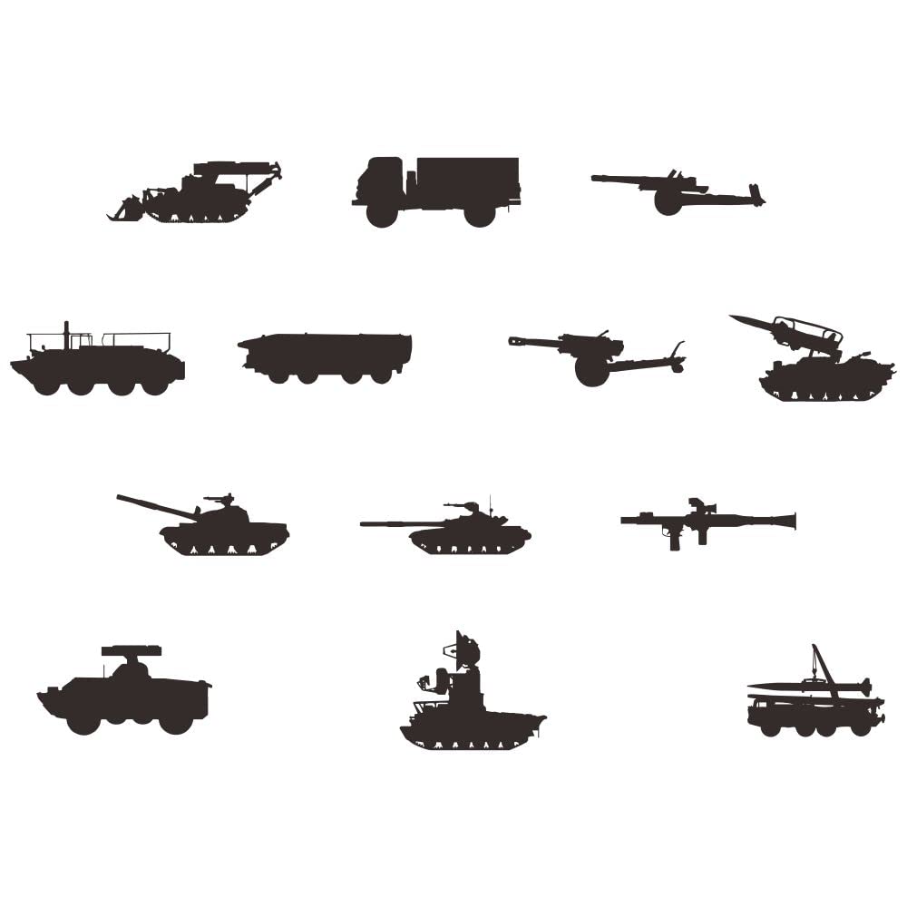 ANFRJJI Military Vehicle Wall Decals – Removable PVC Stickers with Tank, Rocket Launcher, APC and Recon Car – Cool Army Wall Art for Kids Room or