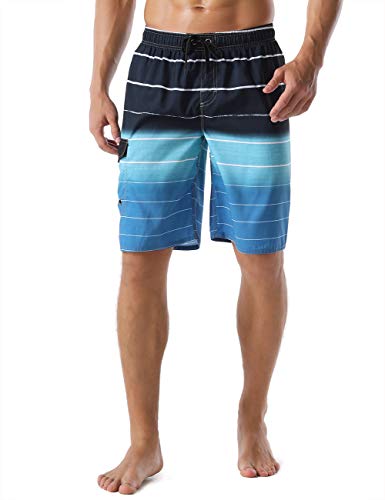 Unitop Men's Bathing Shorts Beach Surfing Trunks Quick Dry Striped with Mesh Lining Blue-34