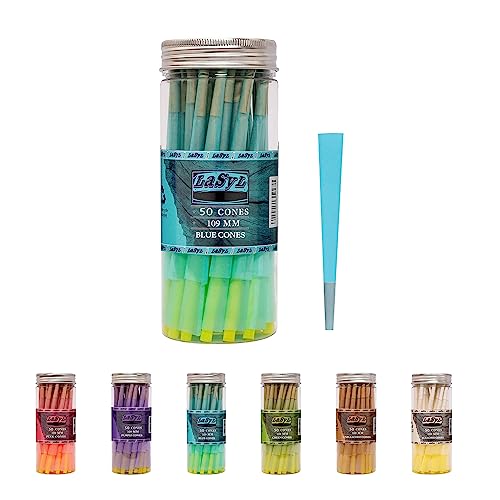 Lasyl Cones | Pre Rolled Cones (Blue) | 50 Pack King Size | Rolling Paper With Tips And Packing Tubes (4.3Inch/109Mm) | Burn Slow And Even #TOP9