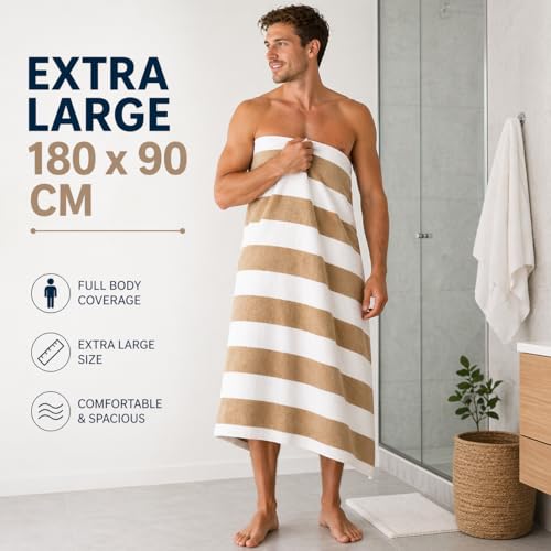 Image of TowelWala Extra Large Cotton Pool & Bath Towel | 180x90 cm | 450 GSM Cotton | Quick Drying & Highly Absorbent | Striped Design for Adults | TW PT Beige Pack 1