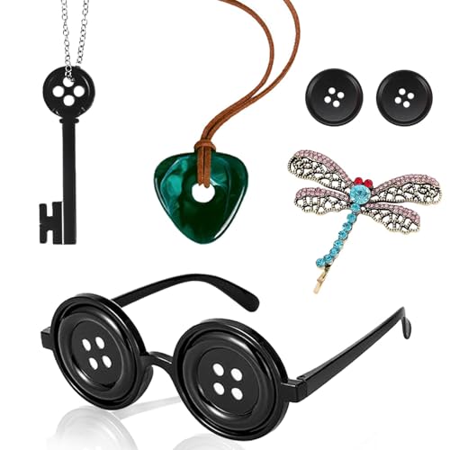 6PCS Button Glasses Party Accessories Set Halloween Costume Accessories with Button Eyes Glasses Key Necklace Dragonfly Hair Clips Coraline Costume for Women Girl Halloween Cosplay